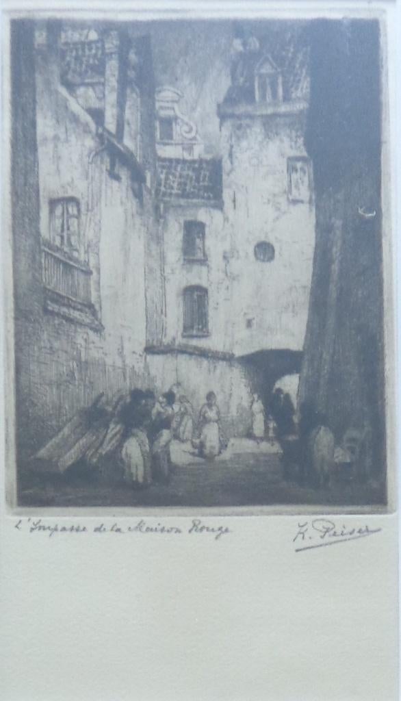 KURT PEISER / IMPASSE MAISON ROUGE / ZW-W ETS 40x30cm KADER, Antiquités & Art, Art | Lithographies & Sérigraphies, Enlèvement ou Envoi