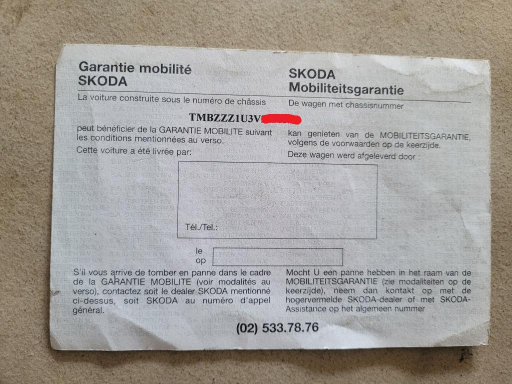 Carte Garantie Mobilité SKODA OCTAVIA 1U Originale - Vintage, Enlèvement ou Envoi