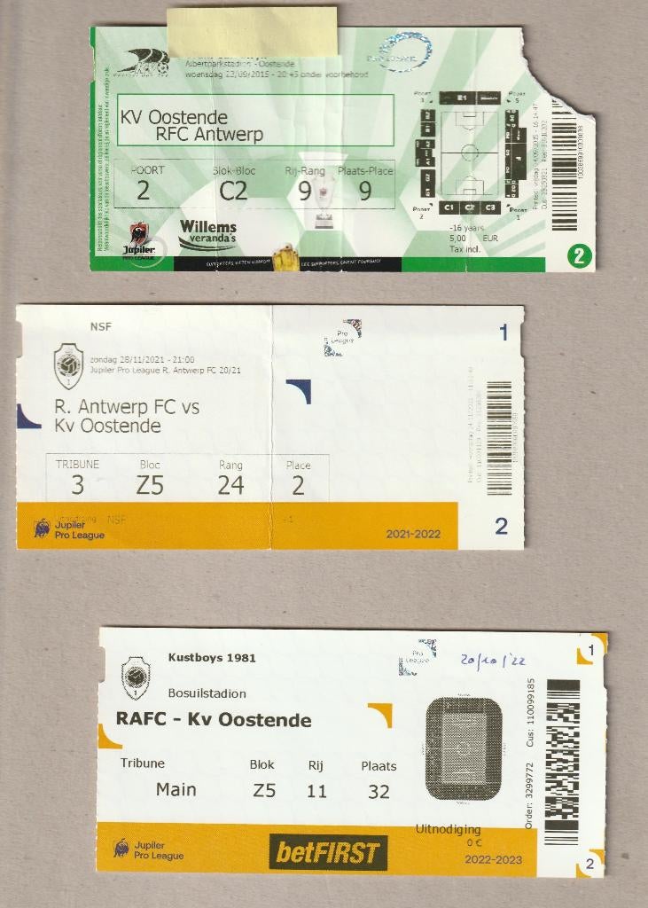 3 versch (gebruikte) tickets Antwerp - Oostende, 2015-2022, Ophalen of Verzenden, Gebruikt, Overige typen