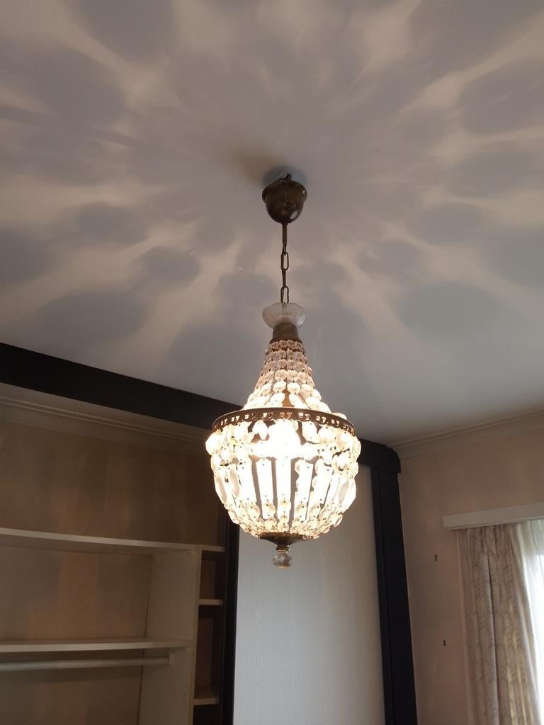 Lustre vintage en laiton doré et pampilles en verre Ø 38 cm, Enlèvement, Utilisé, Verre