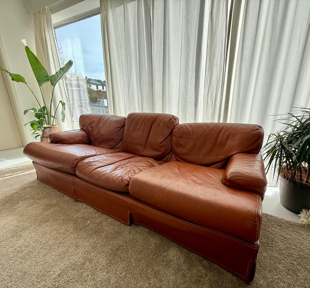 Vintage leren zetelset, Huis en Inrichting, Ophalen, Gebruikt, Driepersoons, Leer