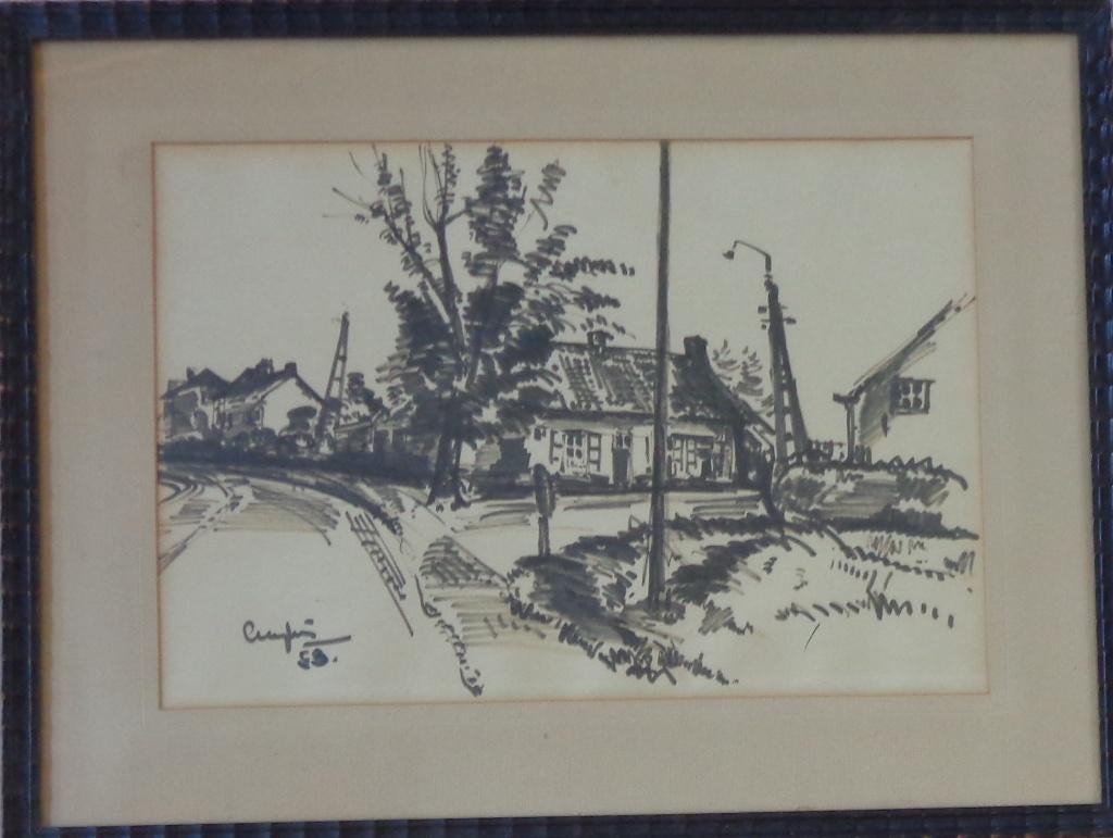 JULIEN CREYTENS / DORPSZICHT / ORIGINEEL / 48x63cm / KADER, Ophalen of Verzenden