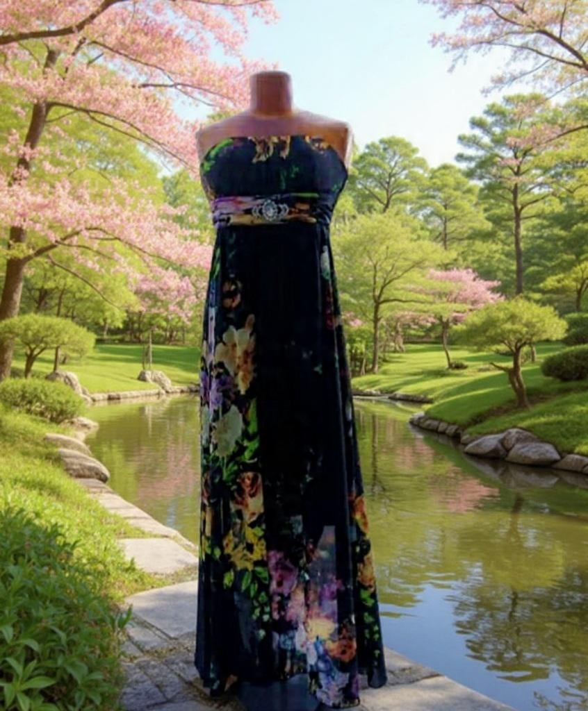 Lange, strapless galajurkM met bloemenprint met riem strass, Kleding | Dames, Galajurk, Zwart, Nieuw, Ophalen of Verzenden