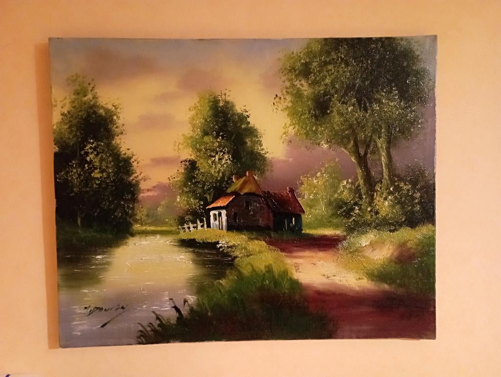 Très beau Tableau Signé 50 x 40  chaumière au bord de l'eau, Antiquités & Art, Enlèvement