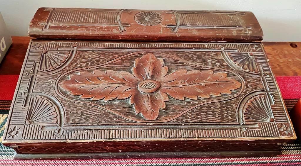 Écritoire de voyage en bois sculpé 5 faces, feutrine mauve, Antiquités & Art, Enlèvement