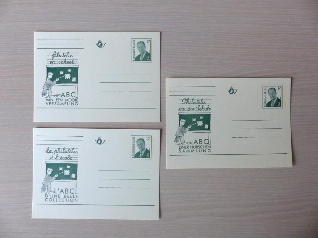 3 Cartes postales illustrées NL-FR-A :  philatélie à l'école, Enlèvement ou Envoi
