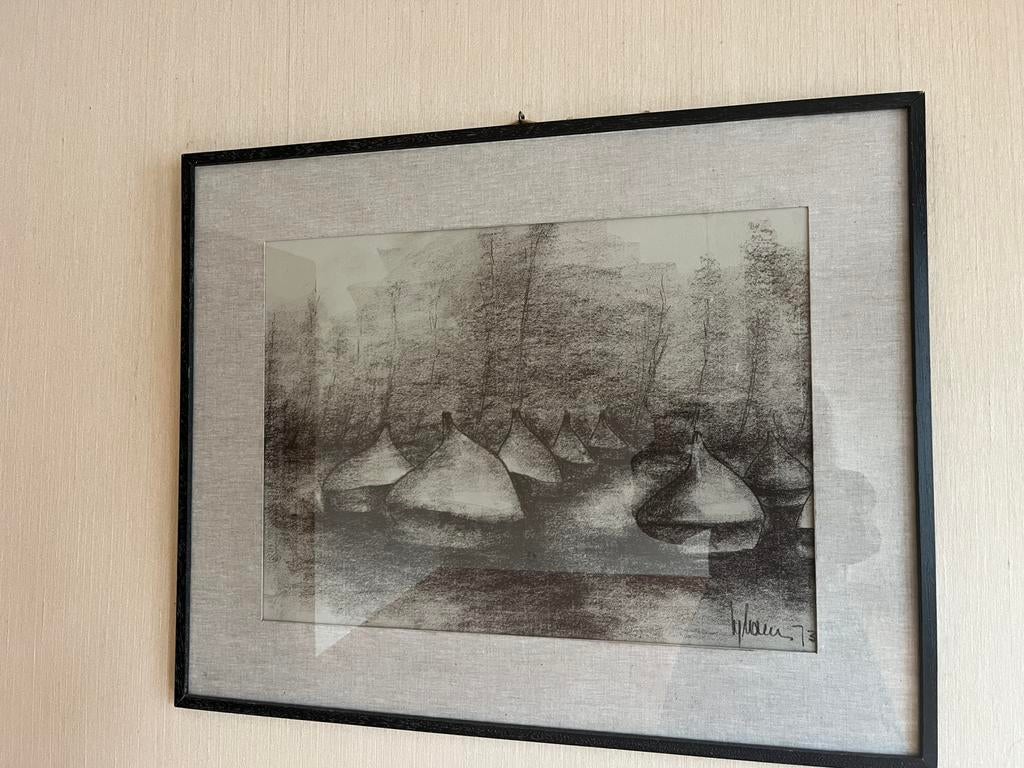 Prachtig groot kunstwerk achter glas,linnen passe partout, Ophalen