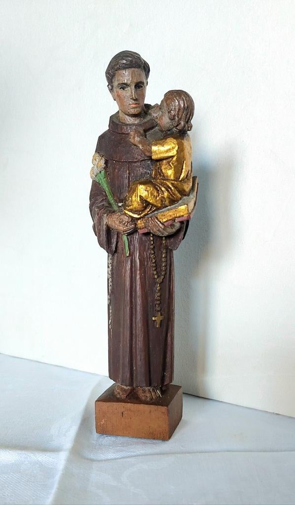 Statue en bois polychrome de Saint Antoine, Antiquités & Art, Enlèvement ou Envoi