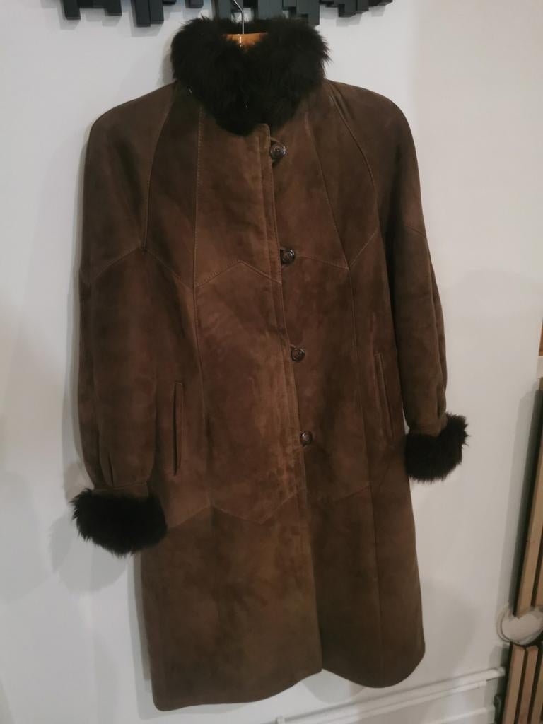 Manteau cuir daim fourrure intérieur marron long taille 46, Enlèvement ou Envoi