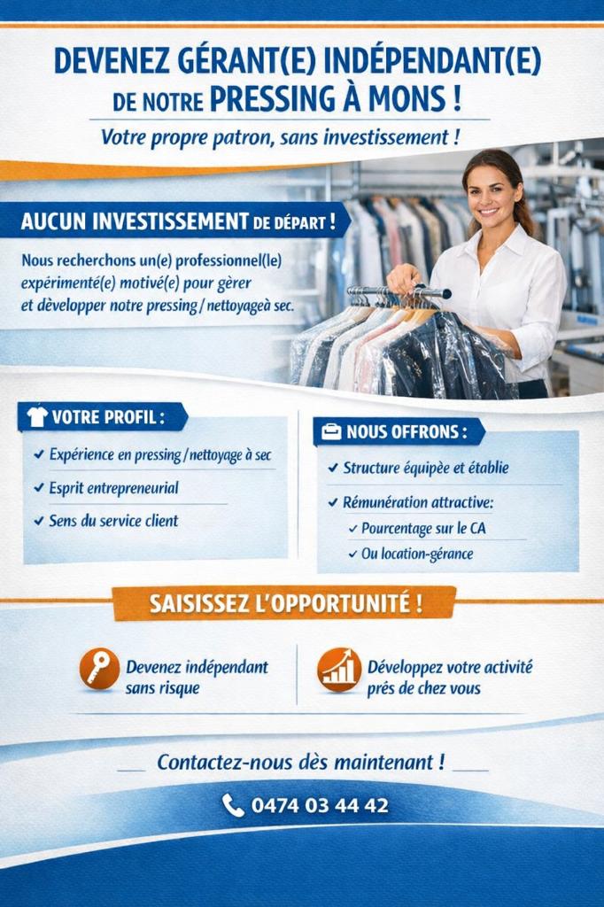 gérant indépendant pour un pressing / nettoyage à sec, Offres d'emploi, Emplois | Nettoyage & Services techniques, 33 - 40 heures