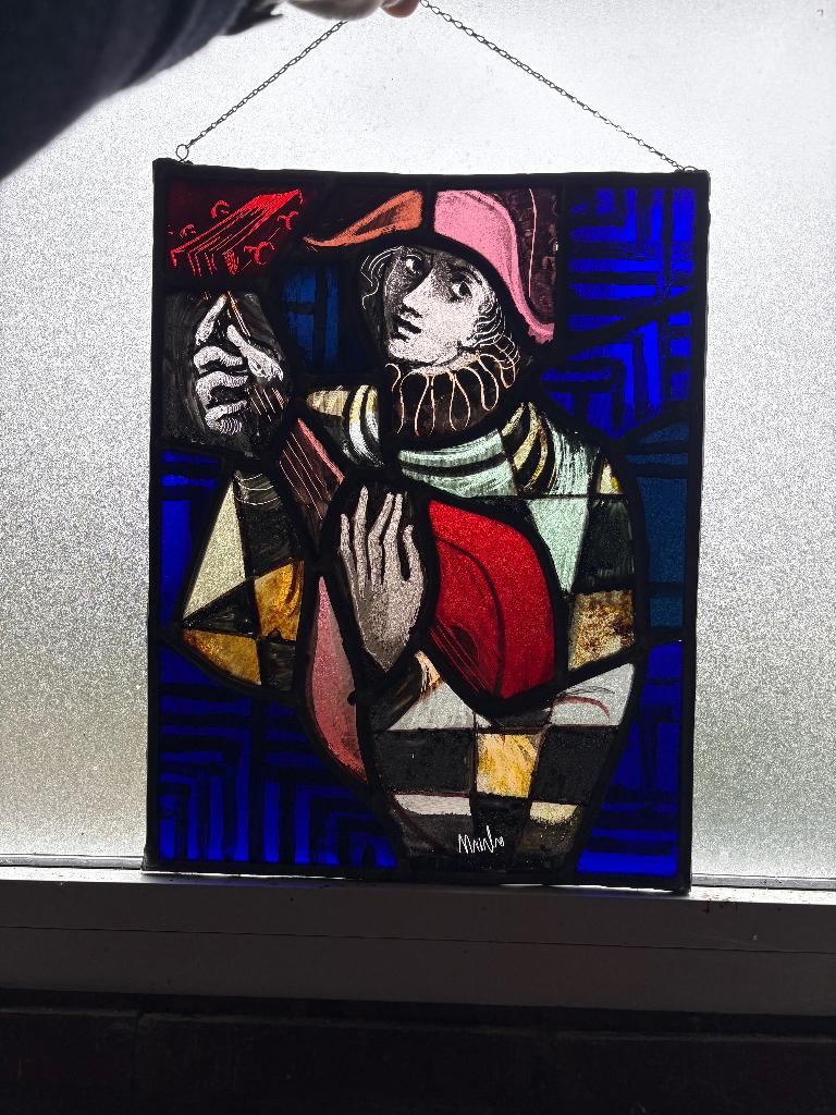 Set van 5 glazen loodraampjes met gebrande tekeningen, Antiek en Kunst, Antiek | Glaswerk en Kristal, Ophalen