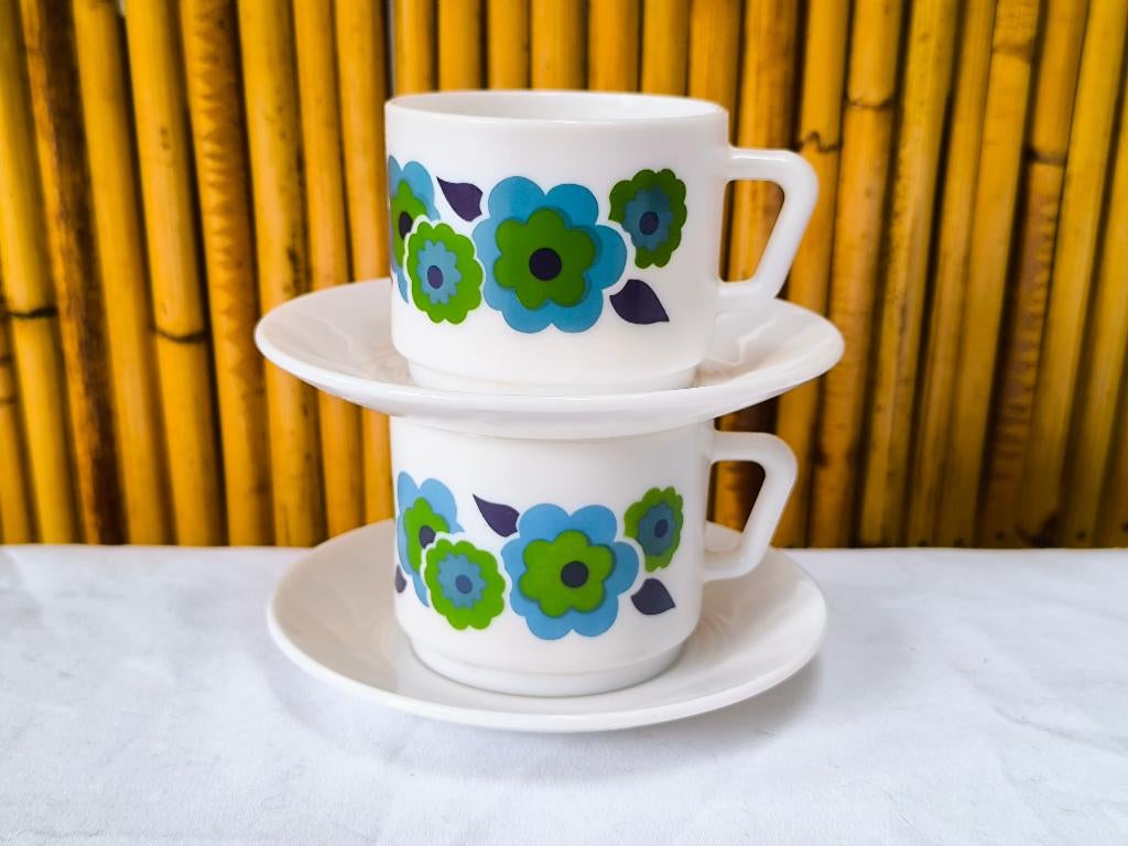 2 vintage blauw & groene Arcopal Lotus kopjes en schotels, Huis en Inrichting, Keuken | Servies, Gebruikt, Ophalen of Verzenden