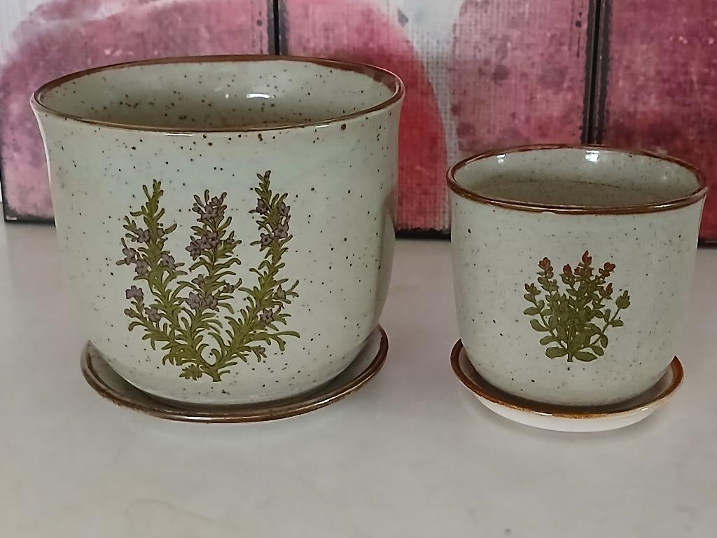 Vintage bloempot botanica porselein met schotel Ø 15,5cm, Ophalen of Verzenden, Zo goed als nieuw, Binnen