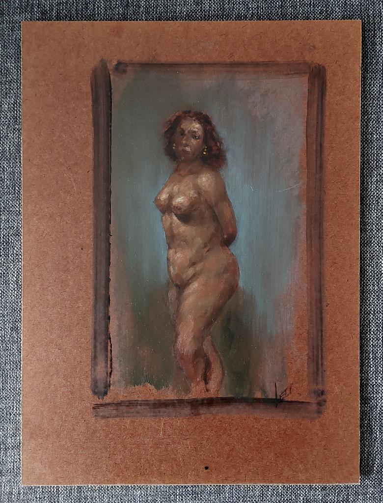Schilderijtje/ Studie van Staand Naakt - Olieverf, Ophalen of Verzenden