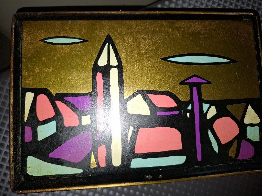 vintage metalen koekjesdoos met abstract motief, Verzamelen, Ophalen