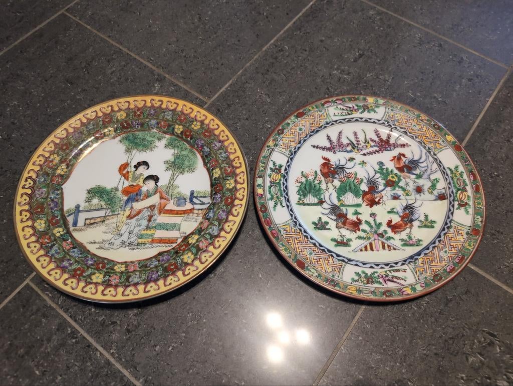 Set van 2 Vintage Chinese Sierborden – Handbeschilderd, Antiek en Kunst, Ophalen of Verzenden