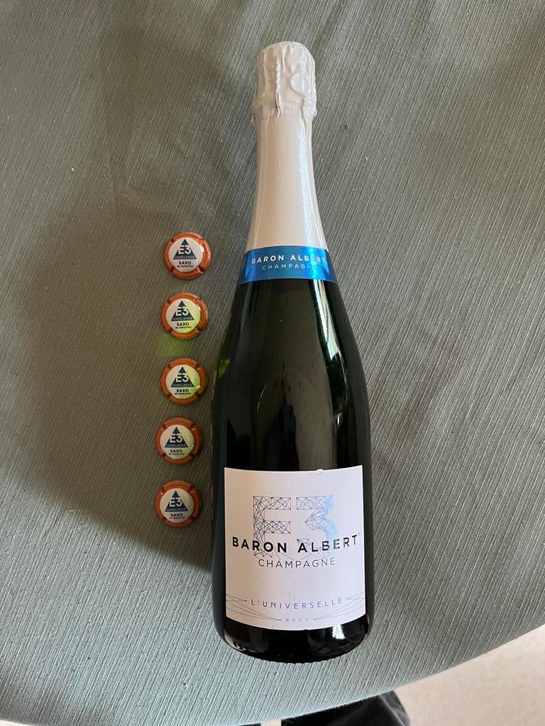 Champagne baron Albert limited E3 Harelbeke + 5 extra caps, Verzamelen, Ophalen, Nieuw, Champagne