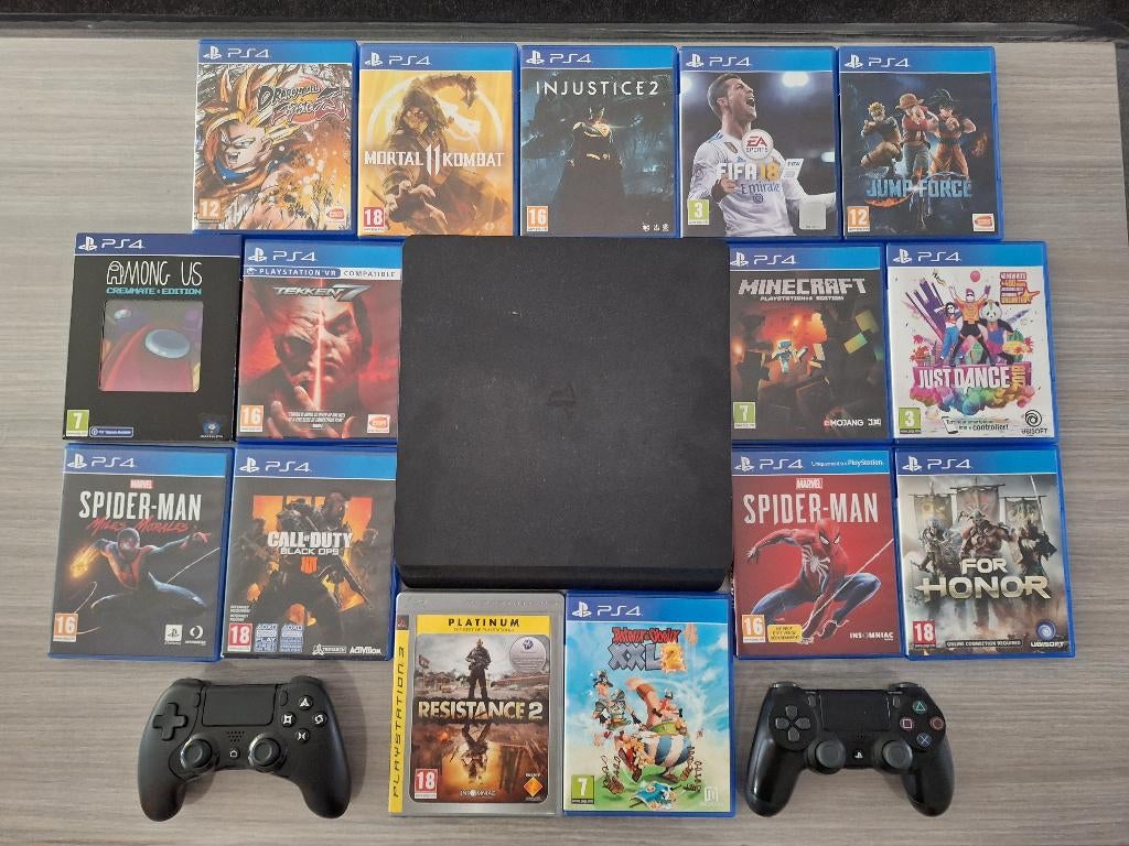 Playstation 4 Slim / PS4 met 2 Controller + 15 Games + Kabel, 500 GB, Enlèvement, Utilisé, Avec jeux