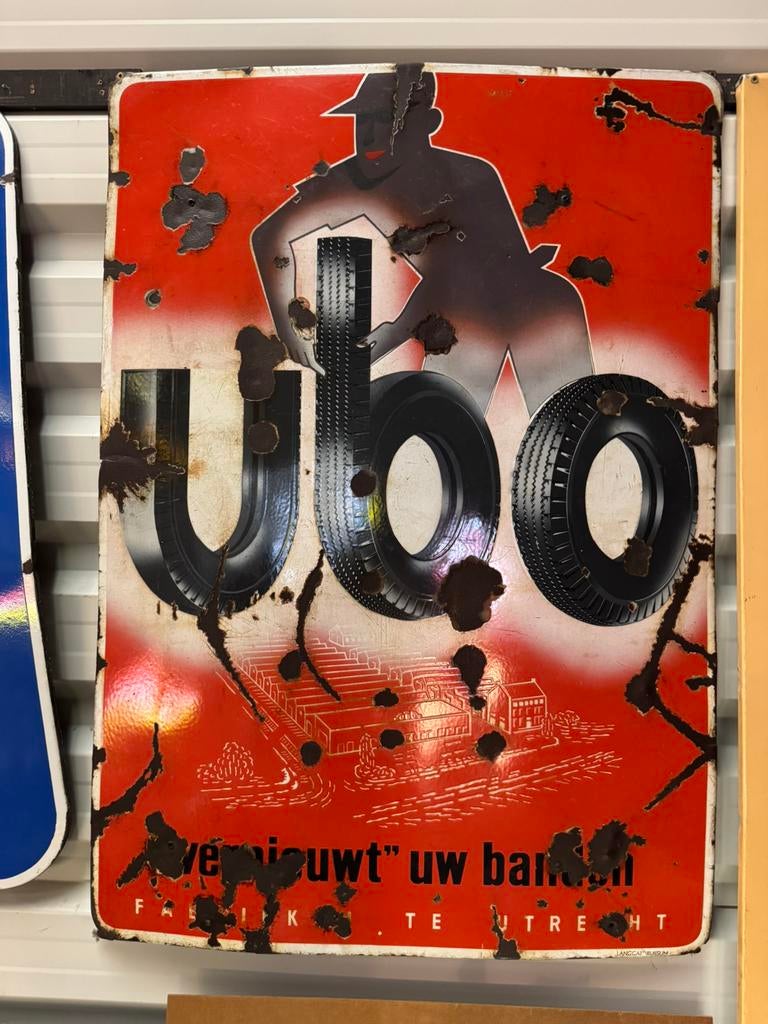 ubo banden groot oud emaille reclamebord, Ophalen, Gebruikt, Reclamebord