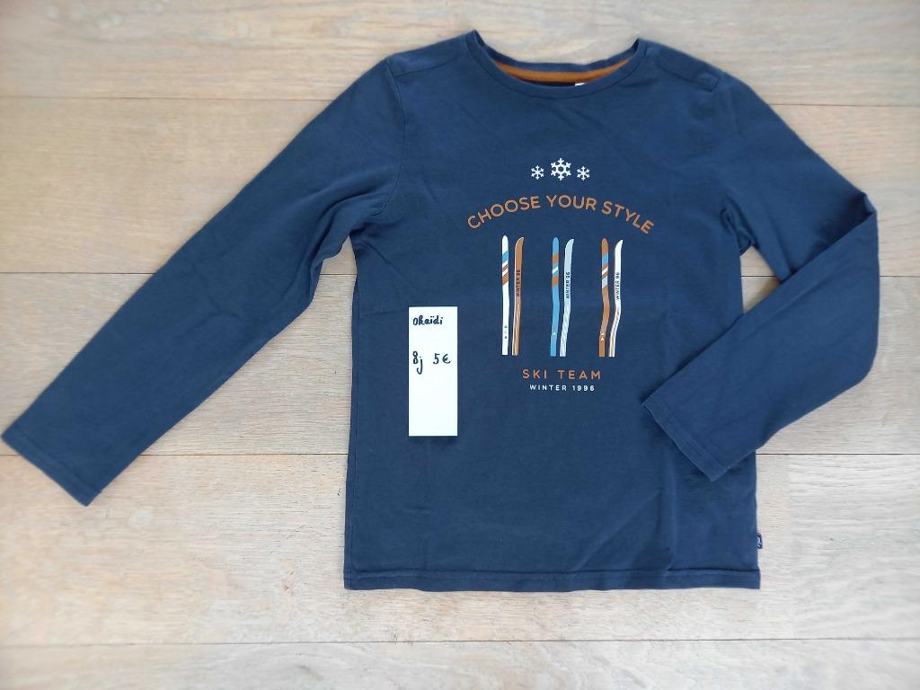 Tshirt donkerblauw lange mouwen 8 jaar Maat 128, Okaïdi, Jongen of Meisje, Ophalen of Verzenden, Zo goed als nieuw