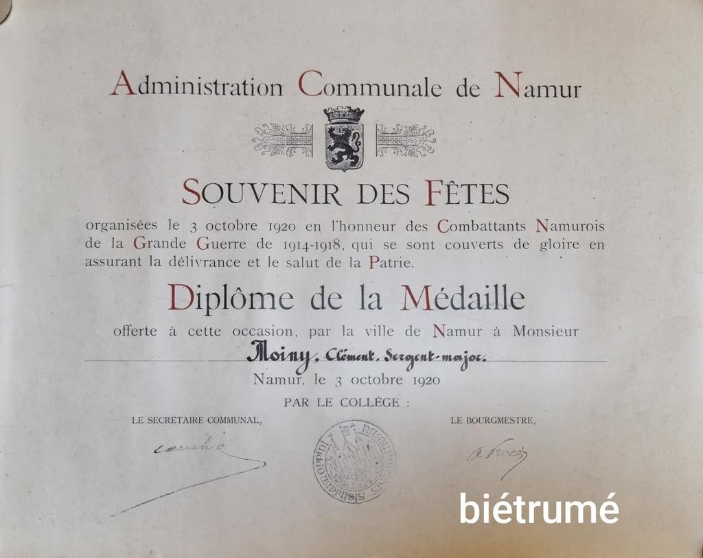 Diplôme de la médaille ville de Namur