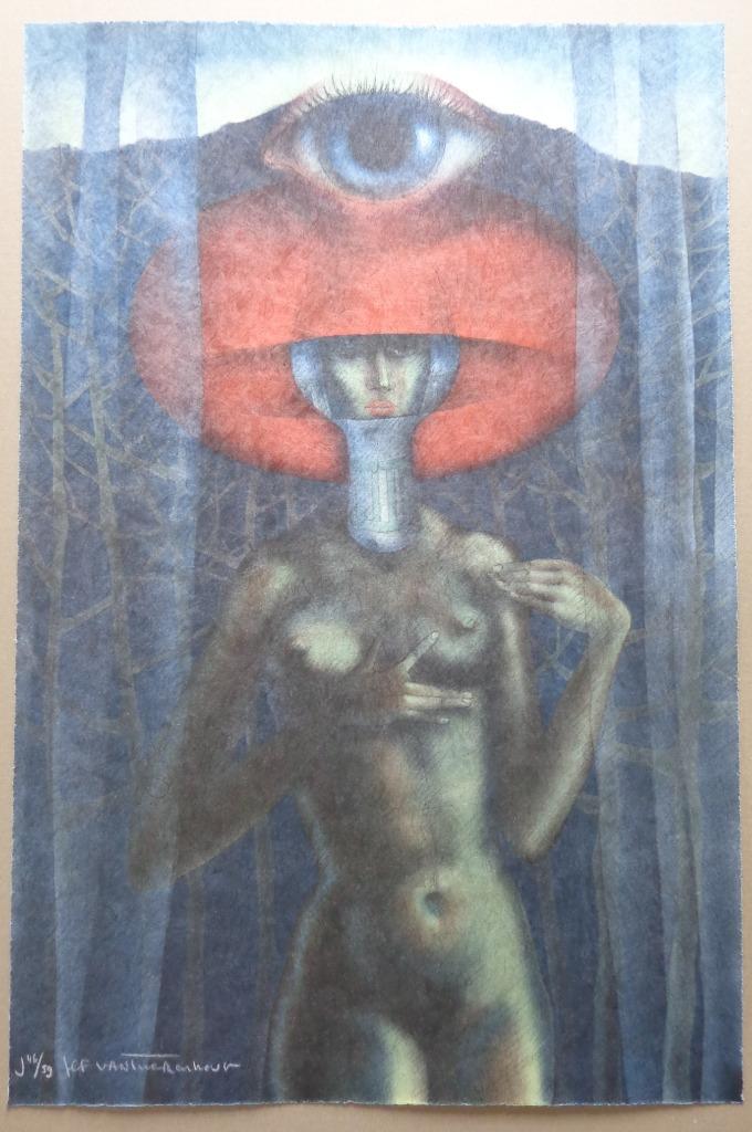 JEF VAN TUERENHOUT / KONINGIN MET OOG / ZEEFDRUK / 76x50cm, Antiek en Kunst, Kunst | Litho's en Zeefdrukken, Ophalen of Verzenden