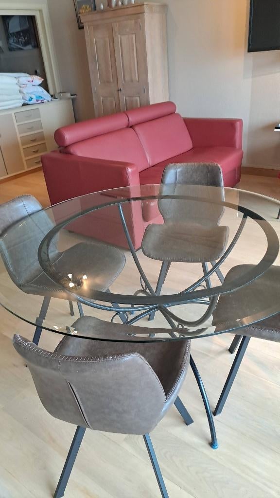 Table ronde en verre + 4 chaises, 100 à 150 cm, Quatre personnes, Enlèvement ou Envoi, Verre