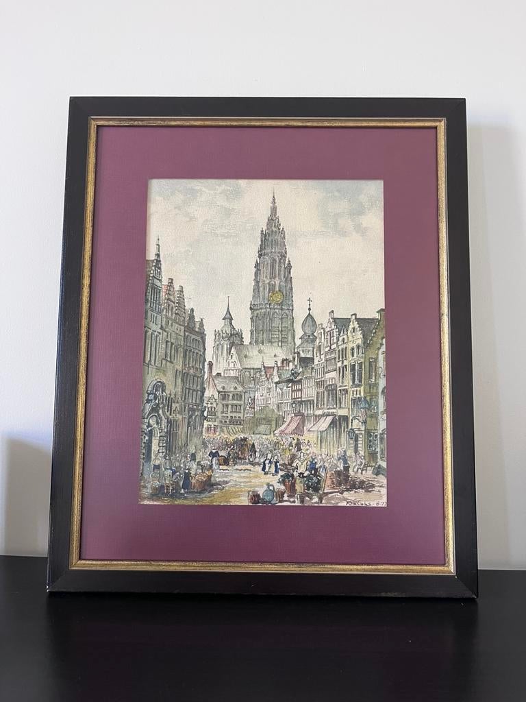 Prachtige aquarel F. Jacobs Antwerpen (gesigneerd) 63x43cm, Verzamelen, Scheepvaart, Ophalen of Verzenden, Zo goed als nieuw