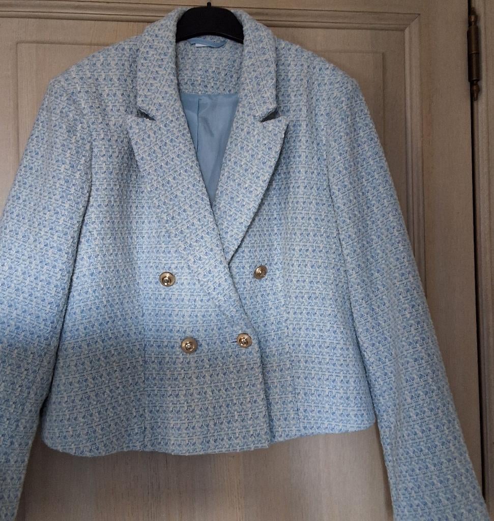 Zeer mooi Lichtblauw Tweed dames ensemble., Kleding | Dames, Ophalen, Nieuw, Maat 42/44 (L), Kostuum of Pak