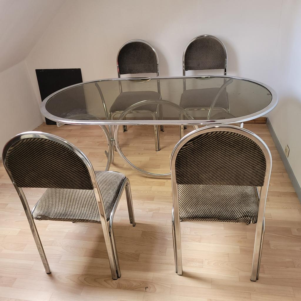 Vintage eettafel, compleet in chroom en gerookt gehard glas, Huis en Inrichting, Tafels | Eettafels, Ophalen