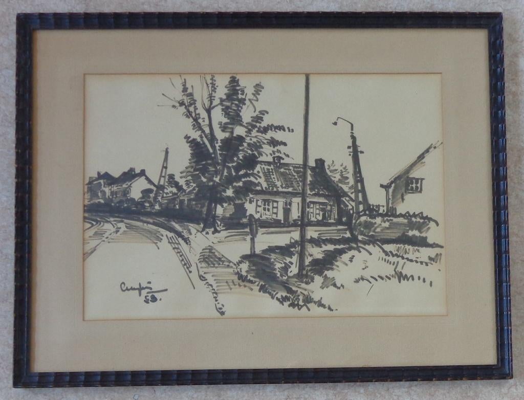 JULIEN CREYTENS / DORPSZICHT / ORIGINEEL / 48x63cm / KADER, Ophalen of Verzenden