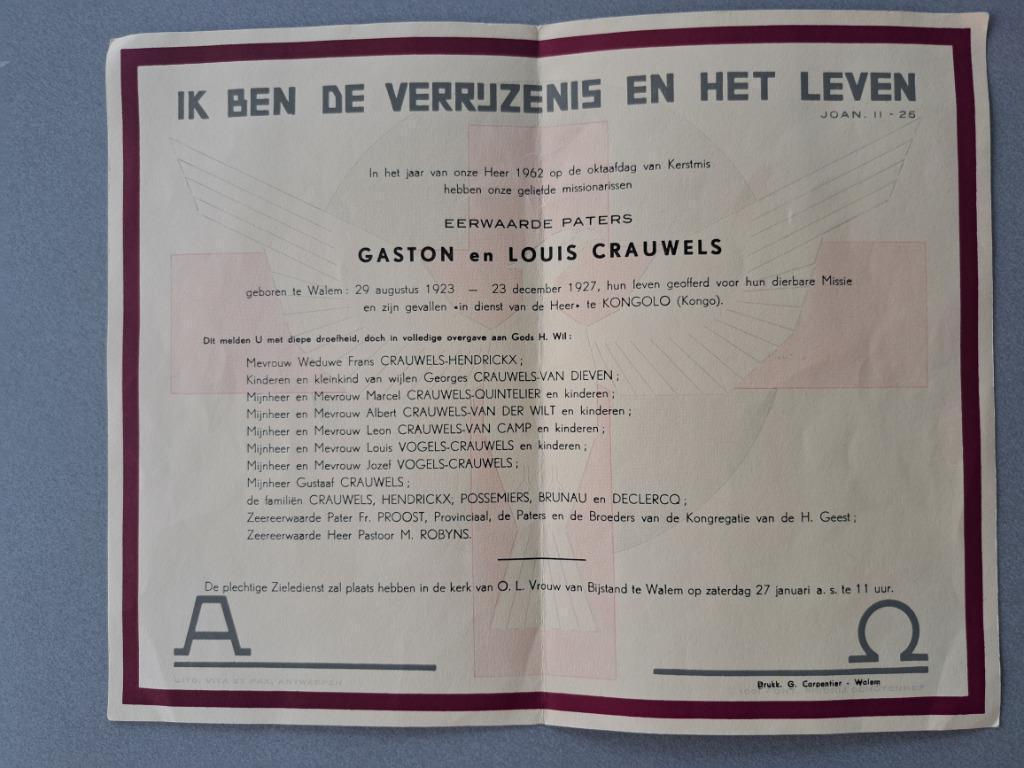 Doodsbrief Paters Gaston & Louis Crauwels, Verzamelen, Ophalen of Verzenden, Rouwkaart