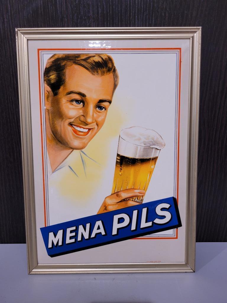 ancienne publicité glacée bière mena pils 1954, Collections, Enlèvement ou Envoi, Neuf, Panneau publicitaire