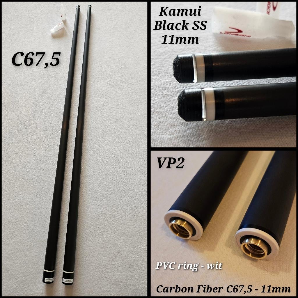 2x Carbon C67,5 Kamui Black SS - 11mm top voor Longoni VP2, Enlèvement ou Envoi, Neuf, Queue ou Boules