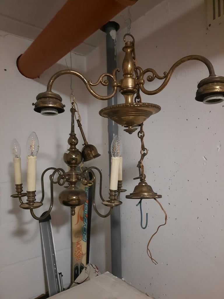 2 antieke koperen lusters, Huis en Inrichting, Lampen | Kroonluchters, Ophalen