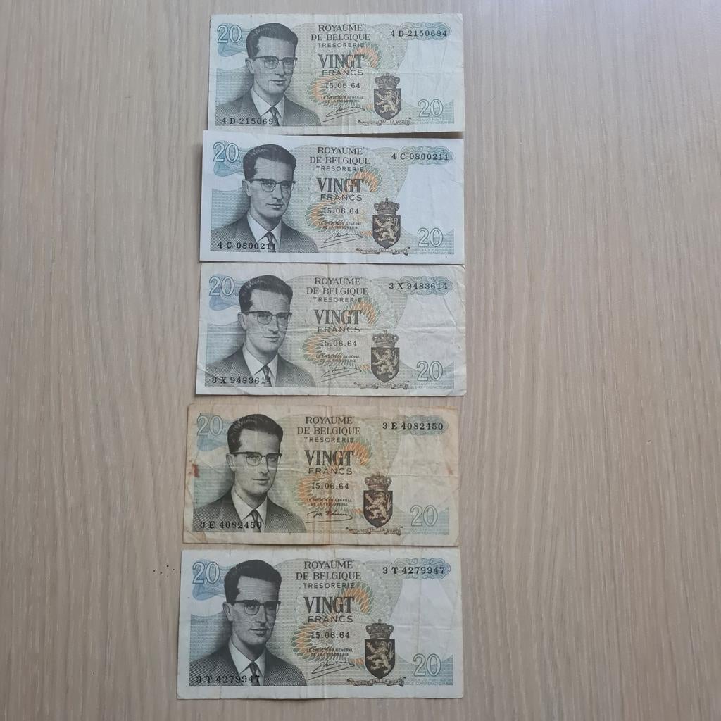 Set van 5 biljetten van 20 frank uit België, Postzegels en Munten, Bankbiljetten | België, Ophalen of Verzenden