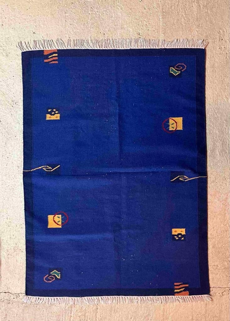 Kelim handgeweven wollen kleed blauw met accenten 176/129, Huis en Inrichting, Stoffering | Tapijten en Vloerkleden, Gebruikt