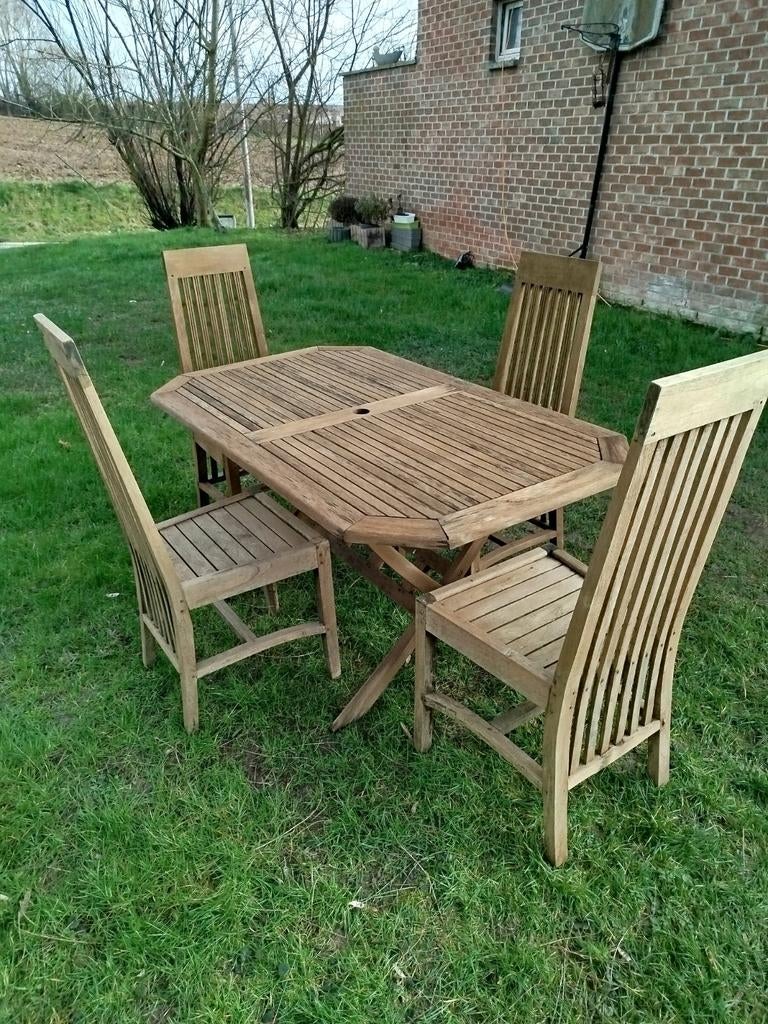 Table rectangulaire teck av trou pour parasol et 4 chaises, Jardin & Terrasse, Enlèvement ou Envoi