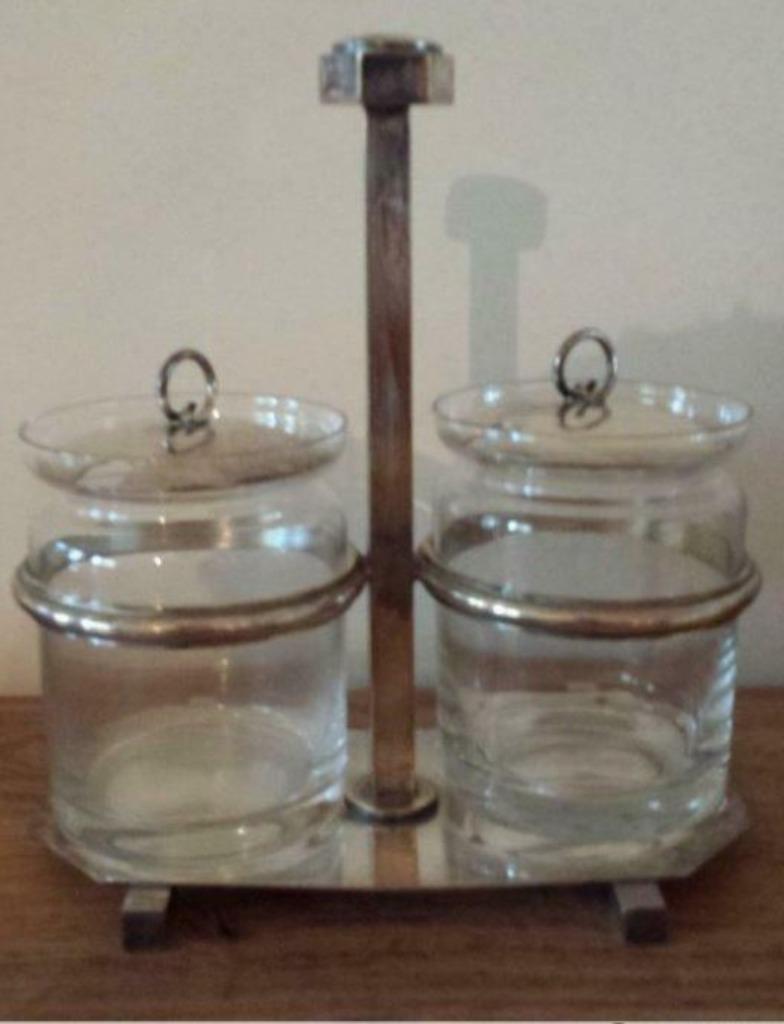 confituurpotten glas in zilver houder, Huis en Inrichting, Keuken | Potten en Pannen, Ophalen of Verzenden, Gebruikt, Glas, Overige typen