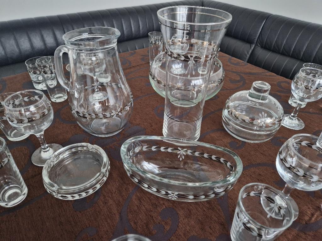 set de verres gravure chromé 43 pièces, Ophalen, Zo goed als nieuw, Borrel- of Shotglas