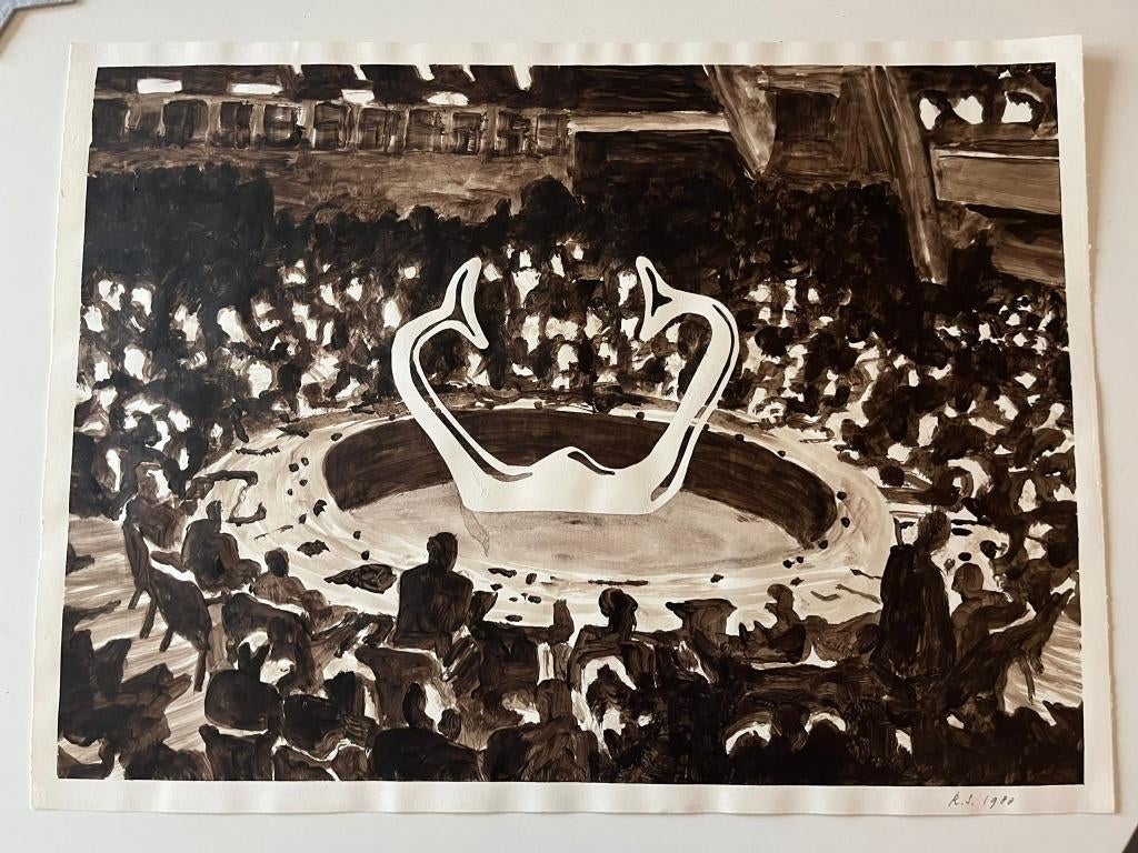 Roland Sips - Le rassemblement - Aquarelle - 1980, Antiquités & Art, Art | Peinture | Moderne, Enlèvement