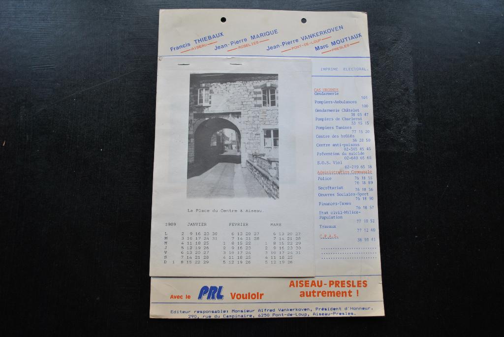 Calendrier PRL Aiseau Presles 1989 Roselies Pont-de-Loup MR, Enlèvement ou Envoi, 20e siècle ou après, Utilisé