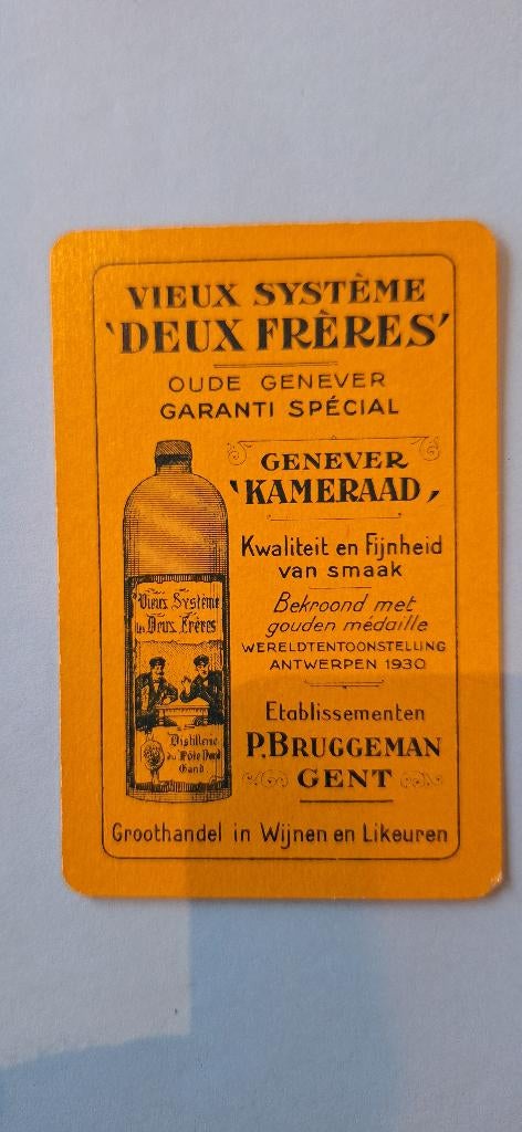 Speelkaart Gent_Bruggeman Genever Deux Freres_geel 1_231, Verzamelen, Ophalen of Verzenden, Gebruikt, Speelkaart(en)