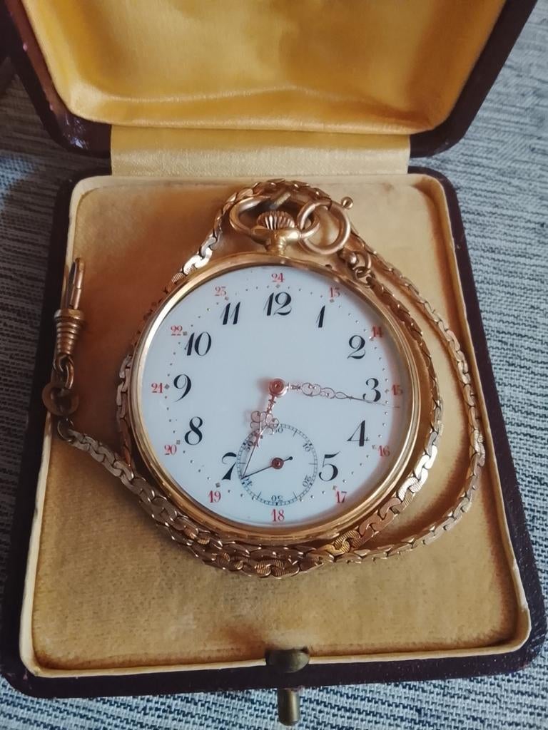 18kt zakhorloge diameter 6cm, Zakhorloge, Ophalen of Verzenden, Met ketting, Goud