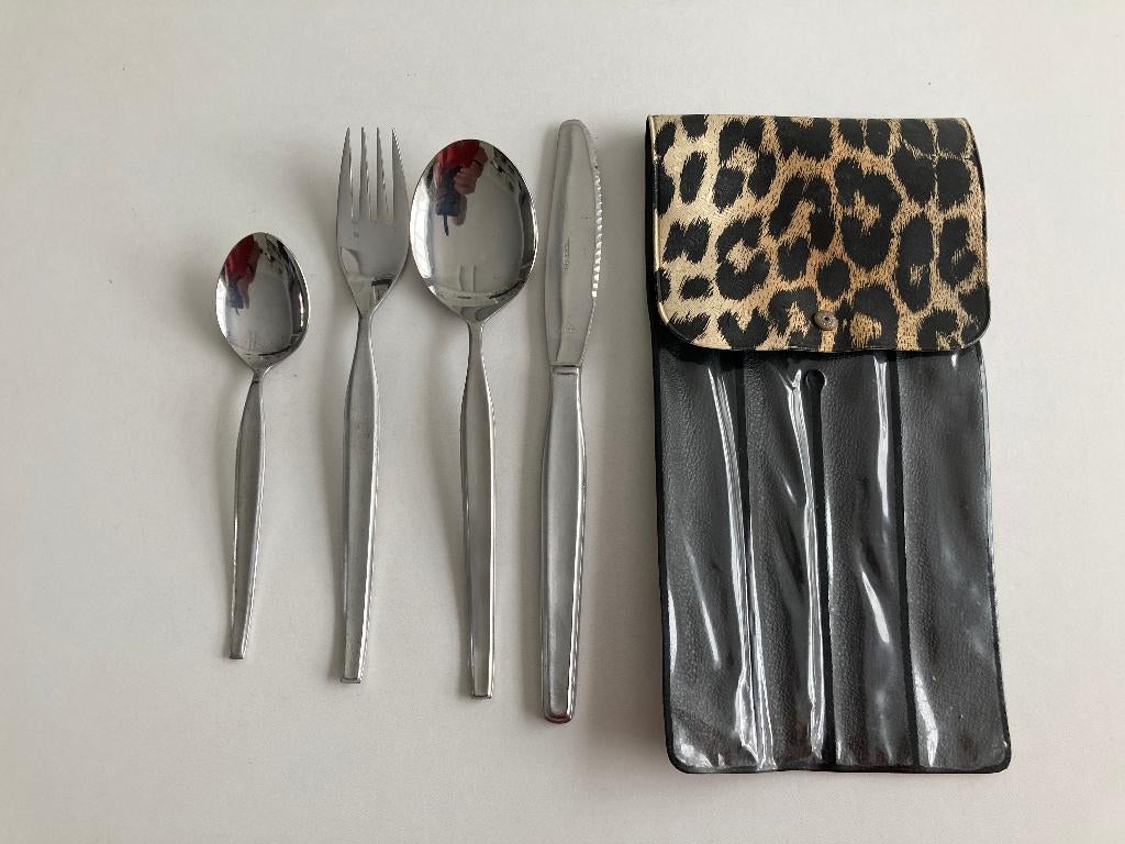 Couverts de camping vintage dans  étui plastique motif tigre, Enlèvement ou Envoi