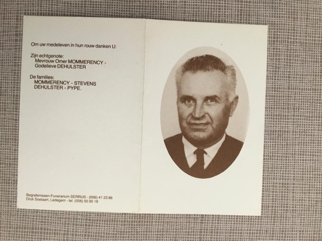 Wielrenner Omer MOMMERENCY Torhout 1921  + Ledegem 1986, Verzamelen, Verzenden, Bidprentje