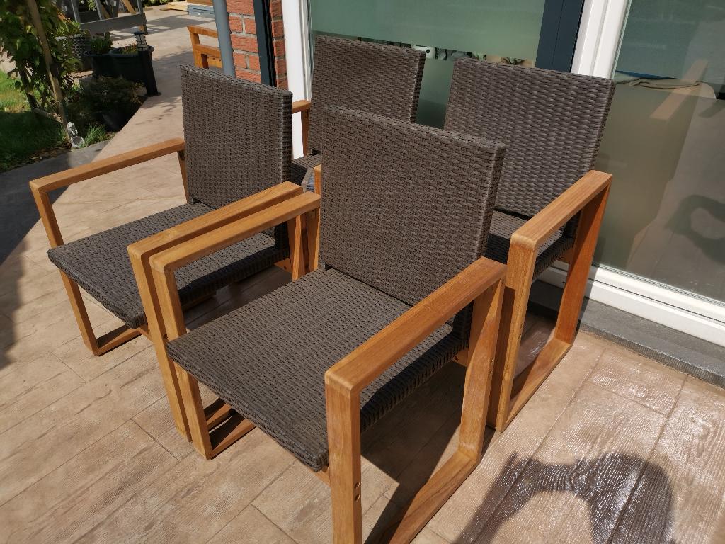 4 Chaises en teck et résine, Jardin & Terrasse, Chaises de jardin, Enlèvement, Comme neuf
