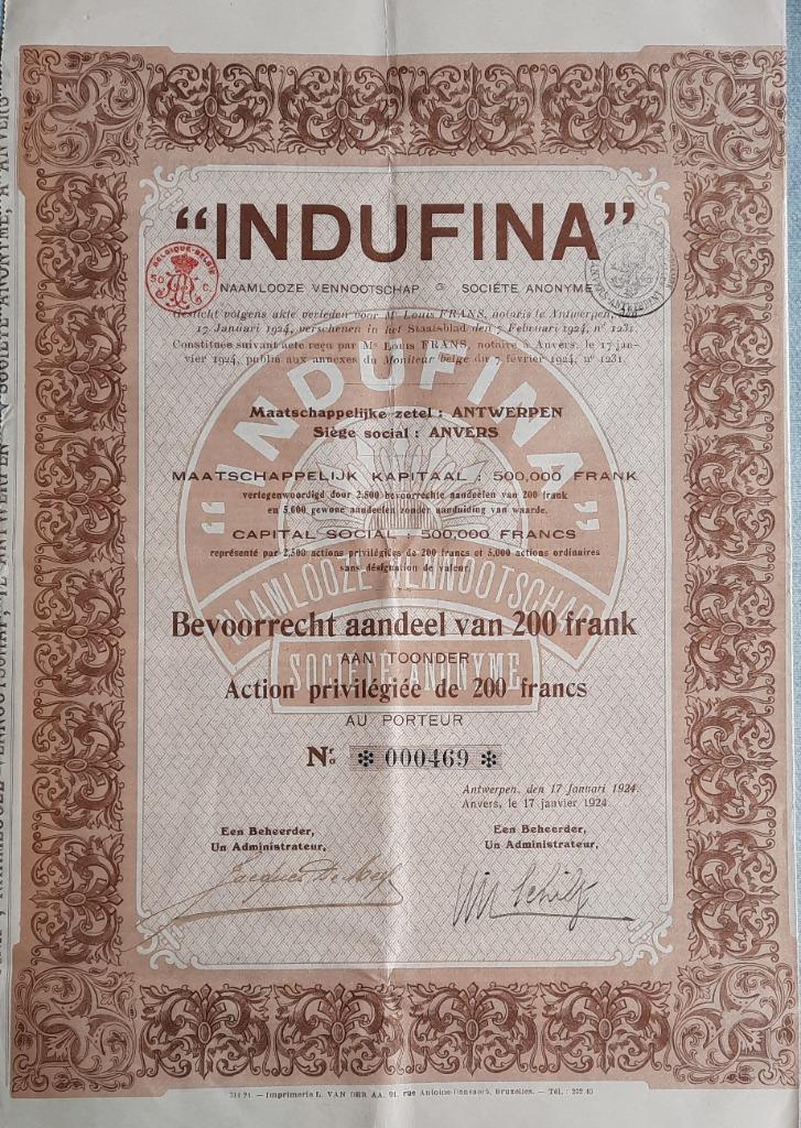 INDUFINA - Antwerpen - bevoorrecht aandeel - 1924, Postzegels en Munten, Aandelen en Waardepapieren, Aandeel, 1920 tot 1950, Ophalen of Verzenden
