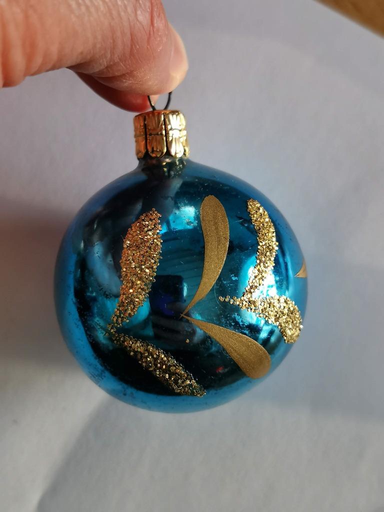 vintage blauwe kerstbal met gouden versiering 4,5cm, Ophalen of Verzenden, Zo goed als nieuw