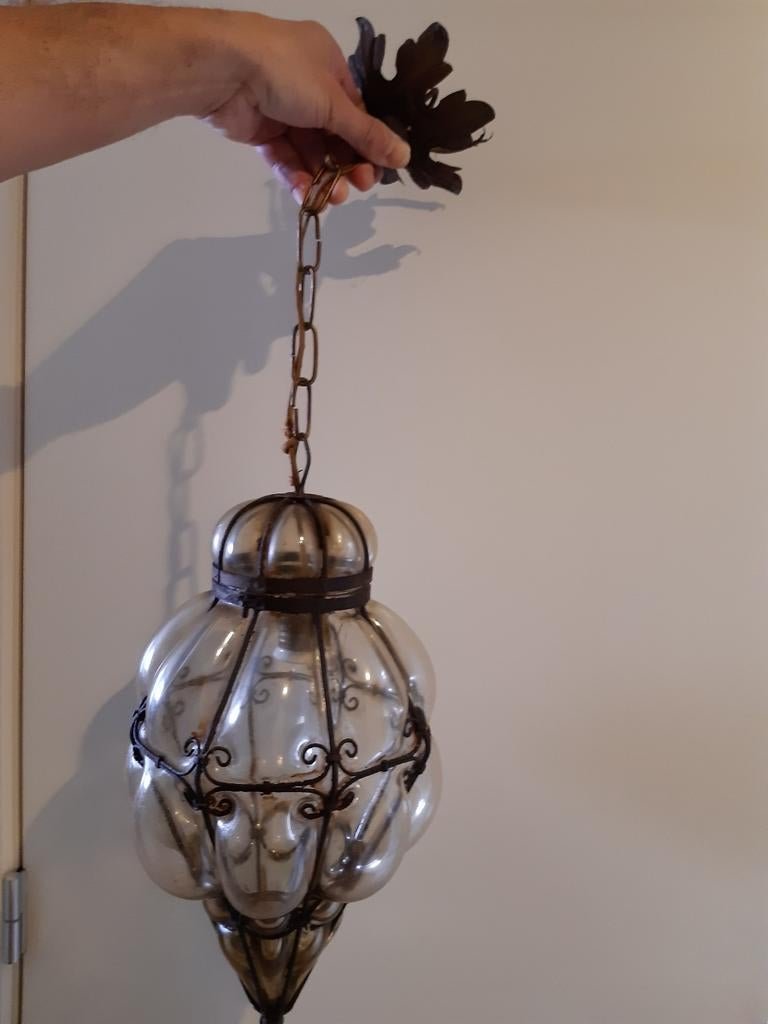 PRACHTIGE ANTIEKE VENICIAANSE HANGLAMP MET MONDGEBLAZEN GLAS, Antiek en Kunst, Ophalen